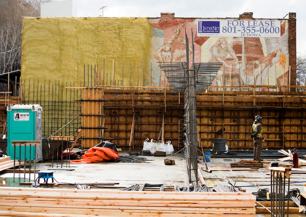 (Rick Egan  |  The Salt Lake Tribune)   New construction on 300 West, pictured here in March, is covering up a groundbreaking mural on the former Artspace building on Pierpont Avenue.