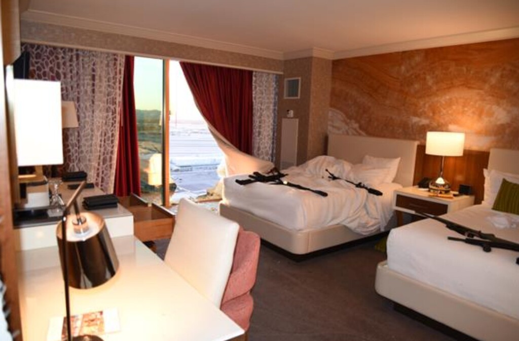 (Las Vegas Metropolitan Police Department via AP) This Oct. 2017 photo released by the Las Vegas Metropolitan Police Department Force Investigation Team Report showing the interior of Room 32-134 of Las Vegas shooter Stephen Paddock's 32nd floor room of the Mandalay Bay hotel as part of a preliminary report by Clark County Sheriff Joe Lombardo on Friday, Jan. 19, 2018, in Las Vegas.