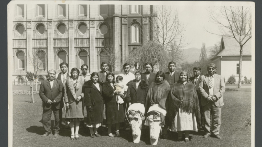 (Church History Library) Members of the Washakie Ward at the Salt Lake Temple. The Shoshone Latter-day Saint congregation was formed in 1880 and continued to operate until 1966. A new digital database preserves the history of its roughly 1,600 members.