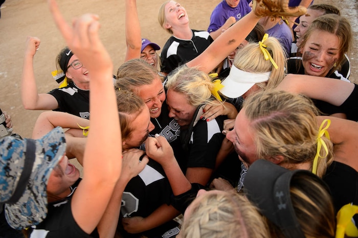 (Trent Nelson | The Salt Lake Tribune)  Box Elder beats Bountiful High School in the 5A Softball State Championship game, Thursday May 24, 2018. Box Elder players celebrate.