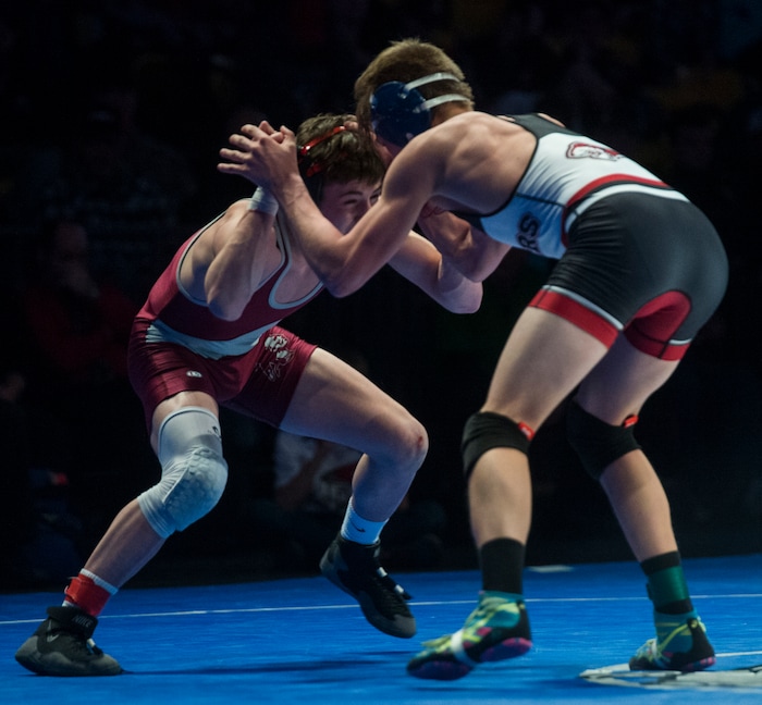 (Rick Egan  |  The Salt Lake Tribune)   Randon Deets (Uintah) wrestles Joshua Armstrong (Hurricane) in the 126 weight class, in the 4A Utah State Wrestling Championships, at UVU in Orem, Saturday, February 10, 2018.