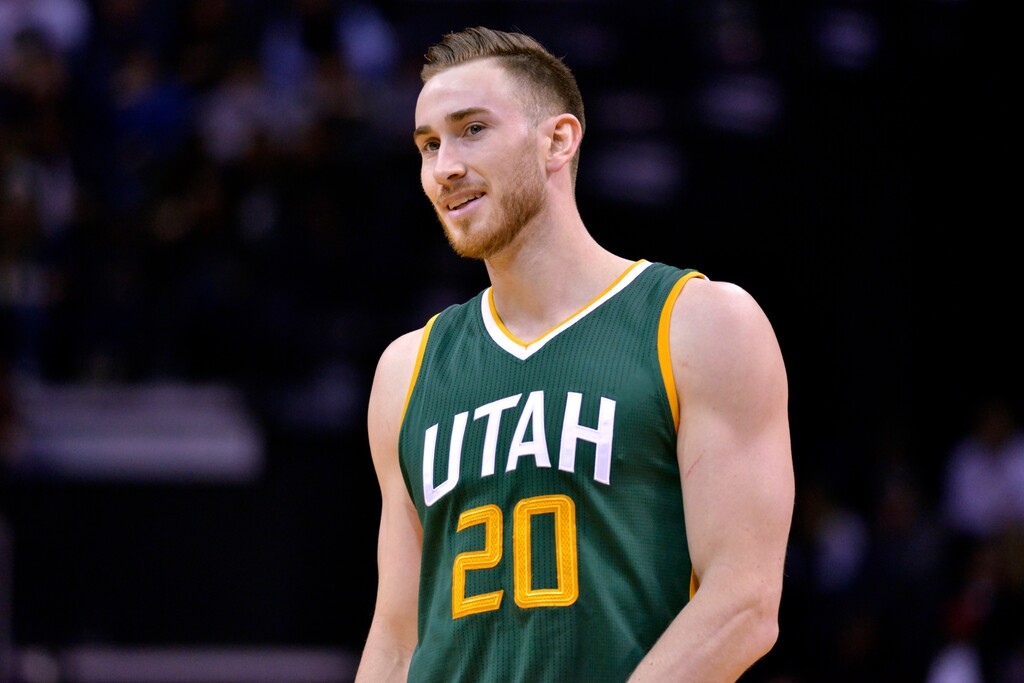 Utah Jazz forward Gordon Hayward (20) stands on the court during a break in play in the first half of an NBA basketball game Sunday, Jan. 8, 2017, in Memphis, Tenn. (AP Photo/Brandon Dill)
