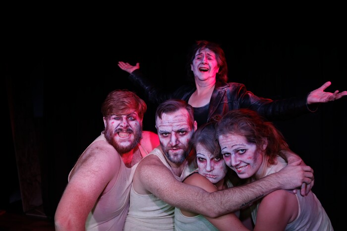 (Courtesy photo ) Leviticus Brown, from left, Shawn Saunders, Brenda Hattingh, Emily Nash and Sarah Shippobotham (top)  perform in “Shockheaded Peter,” a macabre German musical crafted out of cautionary tales about the delightful, horrible consequences of children’s disobedience, which is the latest production by Sackerson theater company.