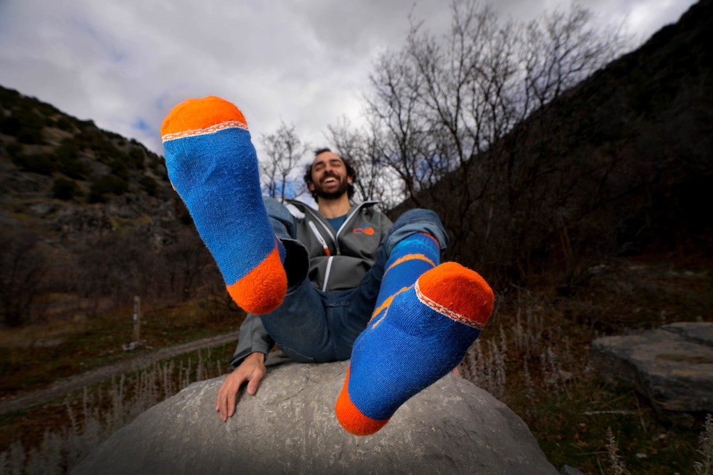 (Francisco Kjolseth  | The Salt Lake Tribune) Jack Danos, a former Utah State University student, shows off a pair of socks from his company, ColdSlayer, on Monday, Nov. 17, 2025.
