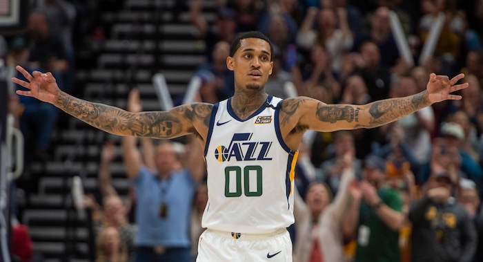 (Rick Egan  |  The Salt Lake Tribune)   Utah Jazz guard Jordan Clarkson (00) reacts after hitting a shot that extended the Jazz lead in the 4th quarter, in NBA action between the Utah Jazz and the Washington Wizards, in Salt Lake City, Friday, February 28, 2020