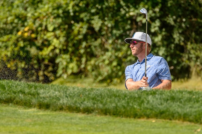 (Trent Nelson | The Salt Lake Tribune)  
Dusty Fielding hits out of a bunker on the 17th hole at the Utah Open golf tournament at Provo's Riverside Country Club, Sunday Aug. 19, 2018.