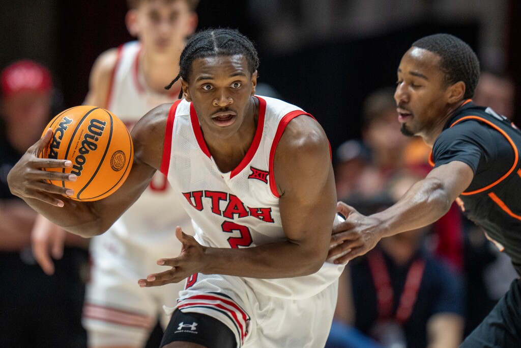 (Rick Egan | The Salt Lake Tribune) Utah Utes forward Ezra Ausar (2) leads a fast break, in Big 12 basketball action between the Utah Utes and the Oklahoma State Cowboys at the Jon M. Huntsman Center, on Saturday, Jan 11, 2025.