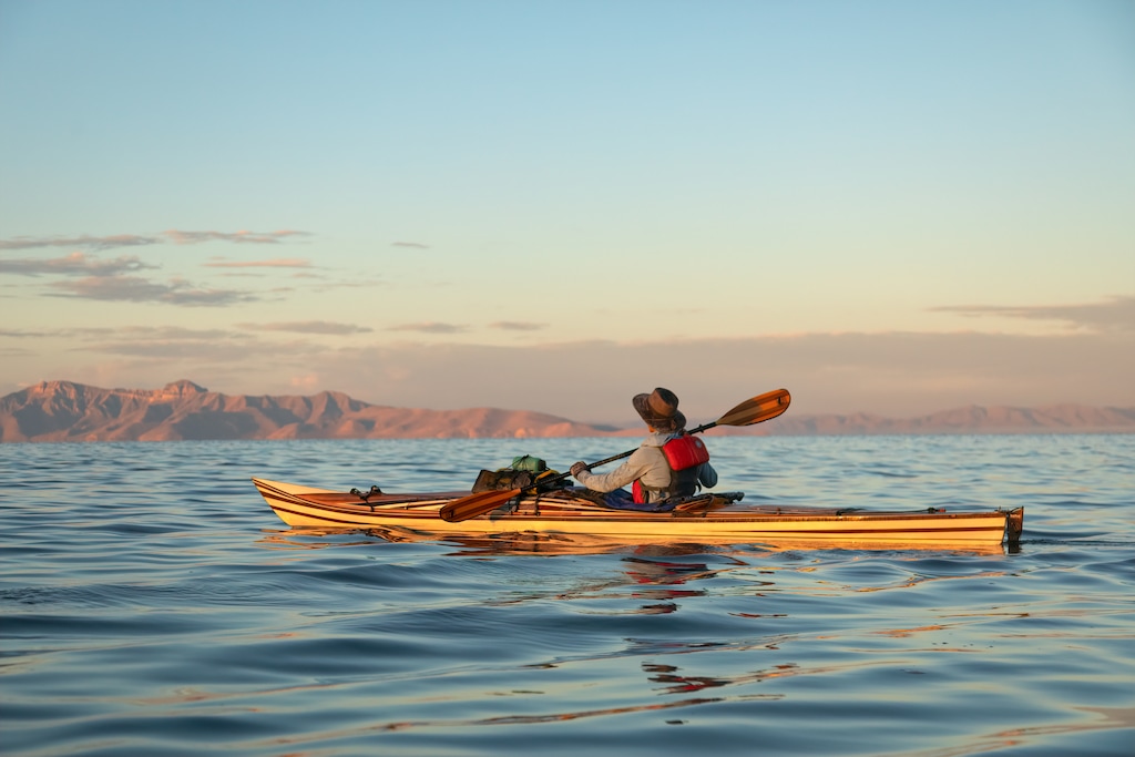 (Image courtesy of Scott Baxter) Matt Kahabka paddles from Antelope Island to the Great Salt Lake marina on Oct. 4, as he and Scott Baxter complete a multiday journey circumnavigating the lake in handmade kayaks.