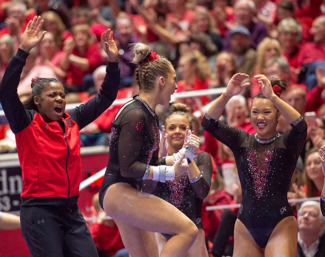 (Rick Egan  |  The Salt Lake Tribune)  THe MaKayla Skinner celebrates her routine on the uneven bars, in PAC-12 gymnastics action between the UCLA Bruins and the University of Utah, at the Jon M. Huntsman Center, Saturday, Feb. 23, 2019.