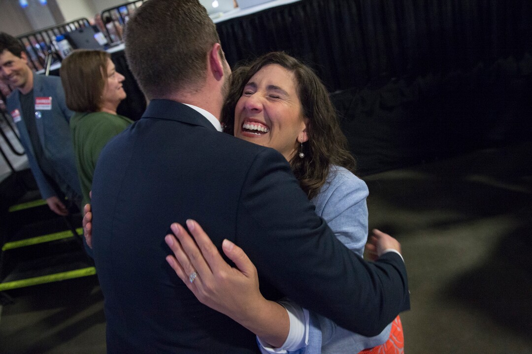 (Scott Sommerdorf | The Salt Lake Tribune)
Shireen Ghorbani gets a hug from a supporter as she reacts to her Congressional district 2 win at the Democratic convention, Saturday, April 28, 2018 at the Salt Palace Convention Center in Salt Lake City, Utah.