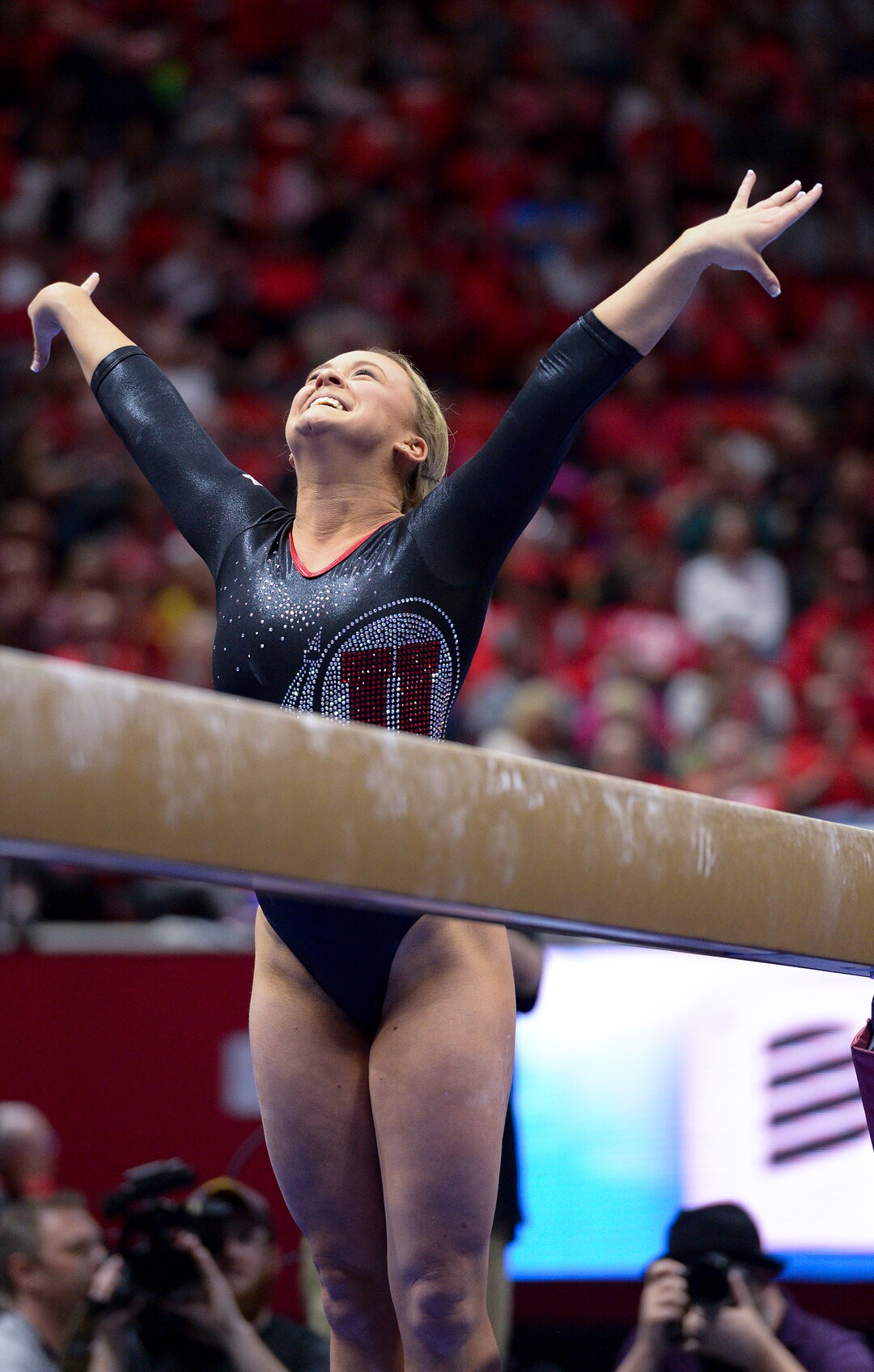 (Leah Hogsten  |  The Salt Lake Tribune) Outgoing senior Maddy Stover thanks the fans after her beam routine as the No. 4 Utah gymnasts host No. 20 Georgia in the final regular season meet at Jon M Huntsman Center in Salt Lake City Friday, March 16, 2018. 
