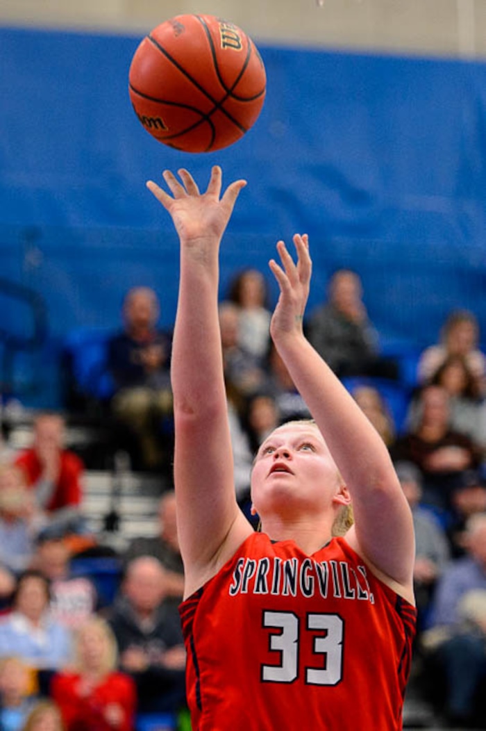 (Trent Nelson | The Salt Lake Tribune)  Springville's Addisyn Johnson (33) shoots as Skyline faces Springville in the 5A High School Girls' Basketball Tournament at SLCC in Taylorsville, Wednesday Feb. 21, 2018.