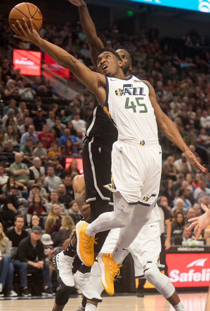 (Rick Egan  |  The Salt Lake Tribune) Utah Jazz guard Donovan Mitchell (45) goes up for a shot, in NBA action, Utah Jazz vs. Brooklyn Nets, in Salt Lake City, Saturday, November 11, 2017.