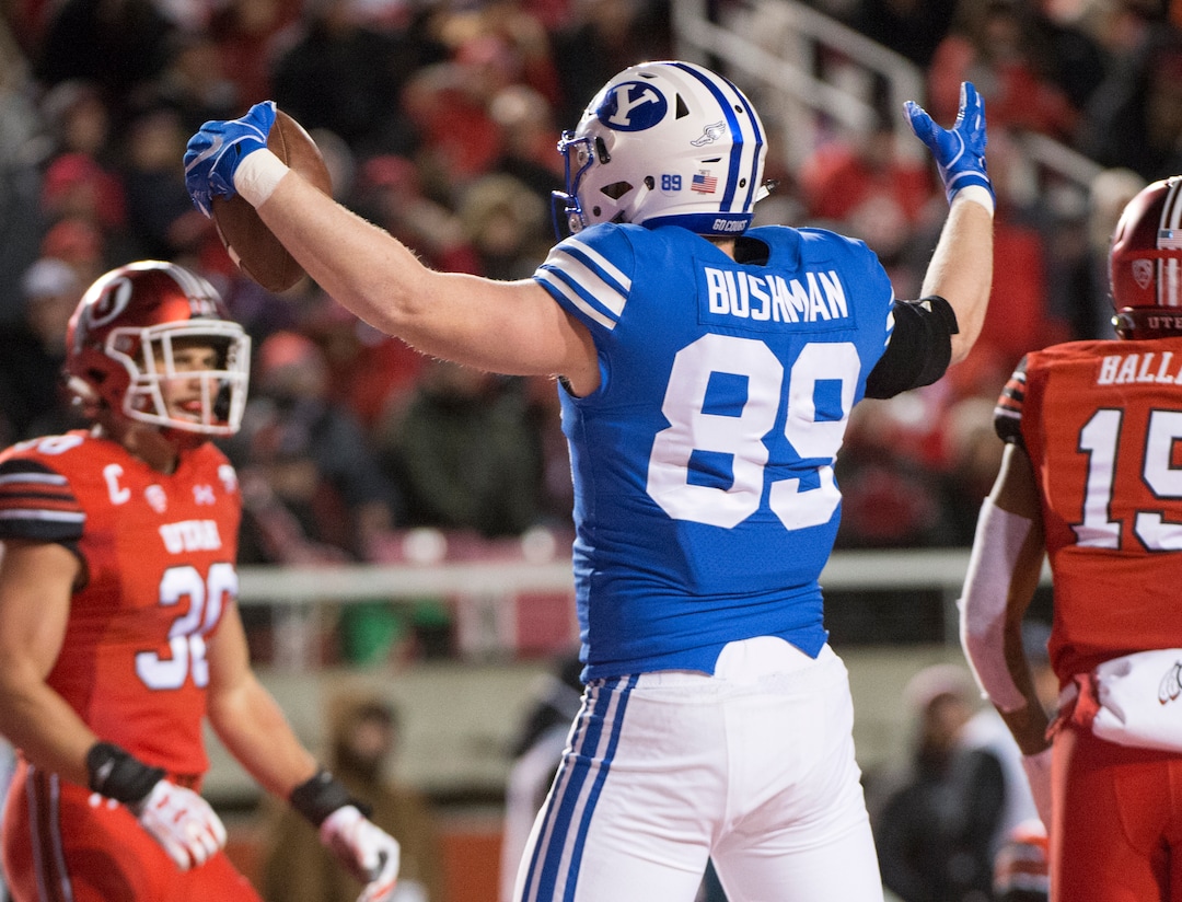 (Rick Egan  |  The Salt Lake Tribune)      Brigham Young Cougars tight end Matt Bushman (89) celebrates his touchdown, in football action between the Brigham Young Cougars and the Utah Utes, at Rice-Eccles Stadium, Saturday, November 24, 2018.