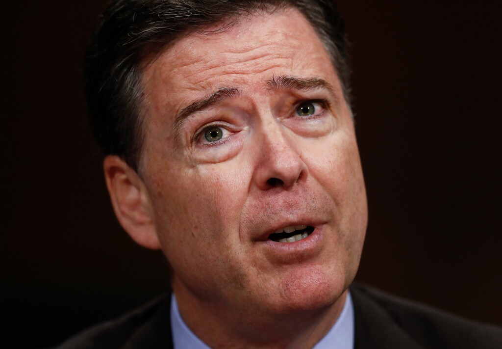 In this Wednesday, May 3, 2017 photo, then-FBI Director James Comey testifies on Capitol Hill in Washington, before a Senate Judiciary Committee hearing. A nonprofit issues group is labeling James Comey a political "showboat" in an advertisement set to air on television Thursday, the day the former FBI director testifies on Capitol Hill. (AP Photo/Carolyn Kaster)