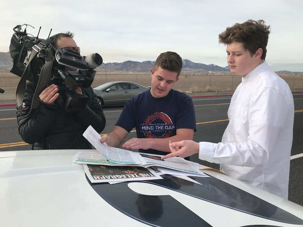 (Courtesy photo) Herriman High School student journalists Max Gordon and Conor Spahr (right) are interviewed about their decision to start the Herriman Telegram website after school administrators pulled their story about a teacher's dismissal from the website of the official school paper, the Herriman Telegraph.
