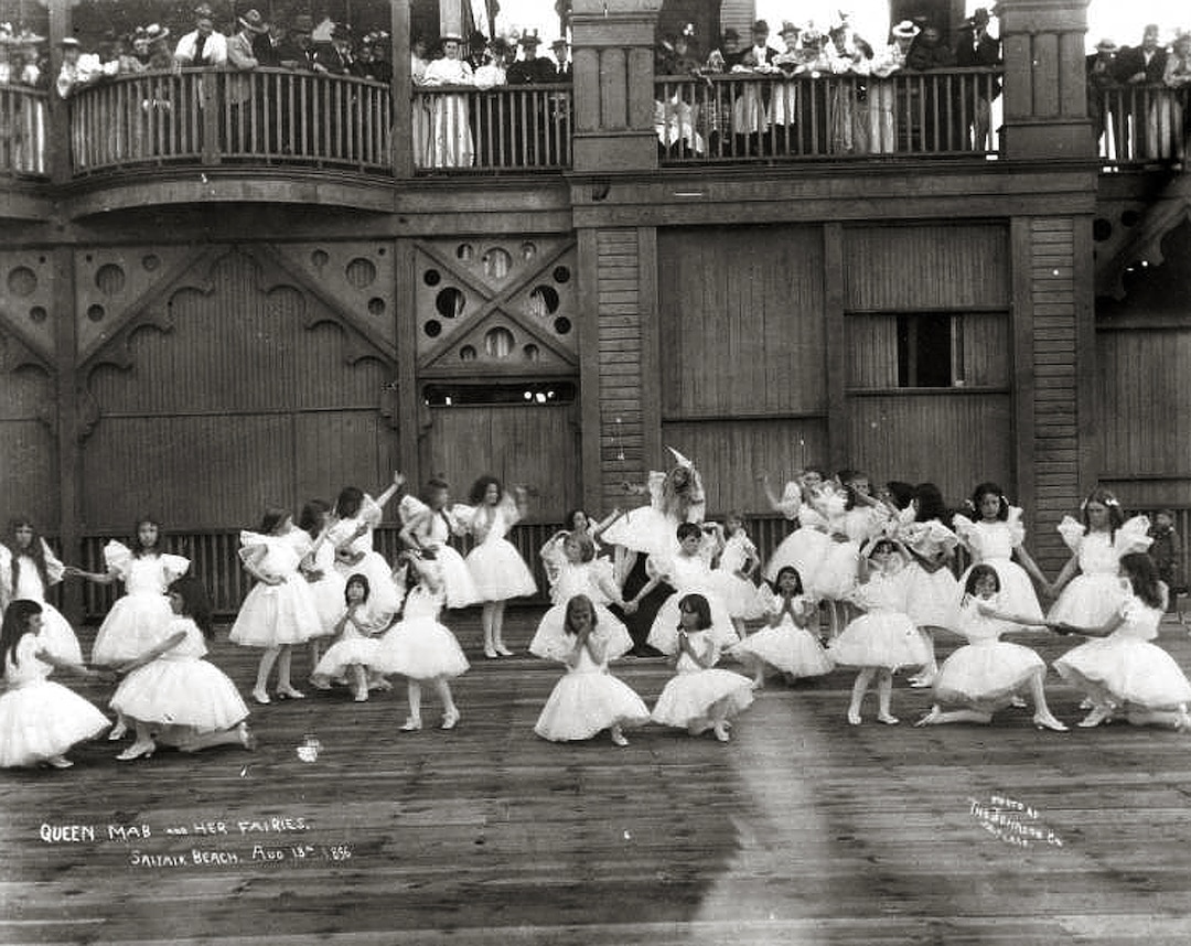(Utah State Historical Society) Queen Mab and her Fairies at Saltair Beach, Aug. 13, 1896. 