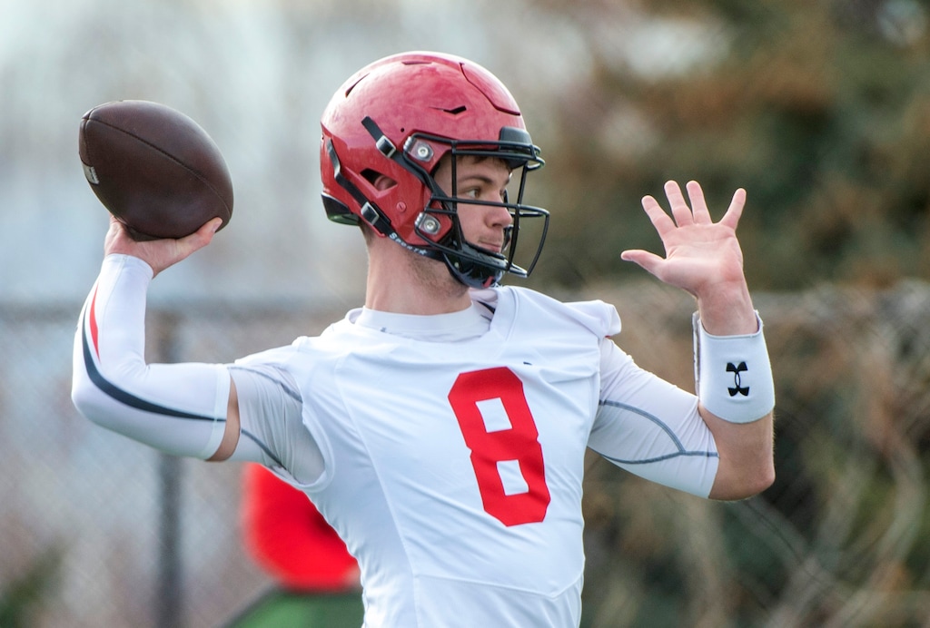(Rick Egan  |  The Salt Lake Tribune)     Utah Quarterback Jake Bentley runs some plays during spring practice, Tuesday March 3, 2020