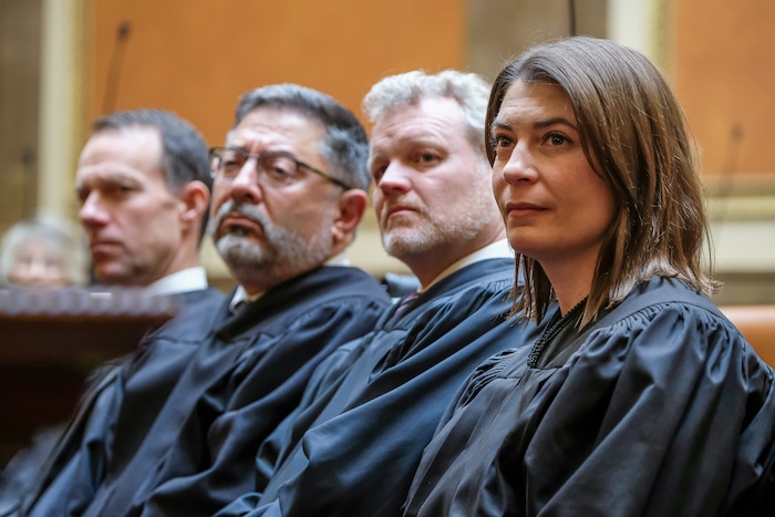 (Francisco Kjolseth | The Salt Lake Tribune) Supreme Court justices Thomas R. Lee, Constandinos Himonas, John A. Pearce and Paige Petersen, from left, listen to Chief Justice Matthew B. Durrant give the state of the judiciary speech to the legislature in the House chamber on the first day of the 2018 legislative session at the Utah Capitol on Monday, Jan. 22, 2018.