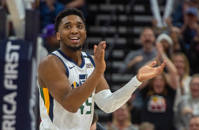 (Rick Egan  |  The Salt Lake Tribune) Utah Jazz guard Donovan Mitchell (45) celebrates as the Jazz extend their lead to 15 points in the 4th quarter, in NBA action between the Utah Jazz and the Washington Wizards, in Salt Lake City, Friday, February 28, 2020