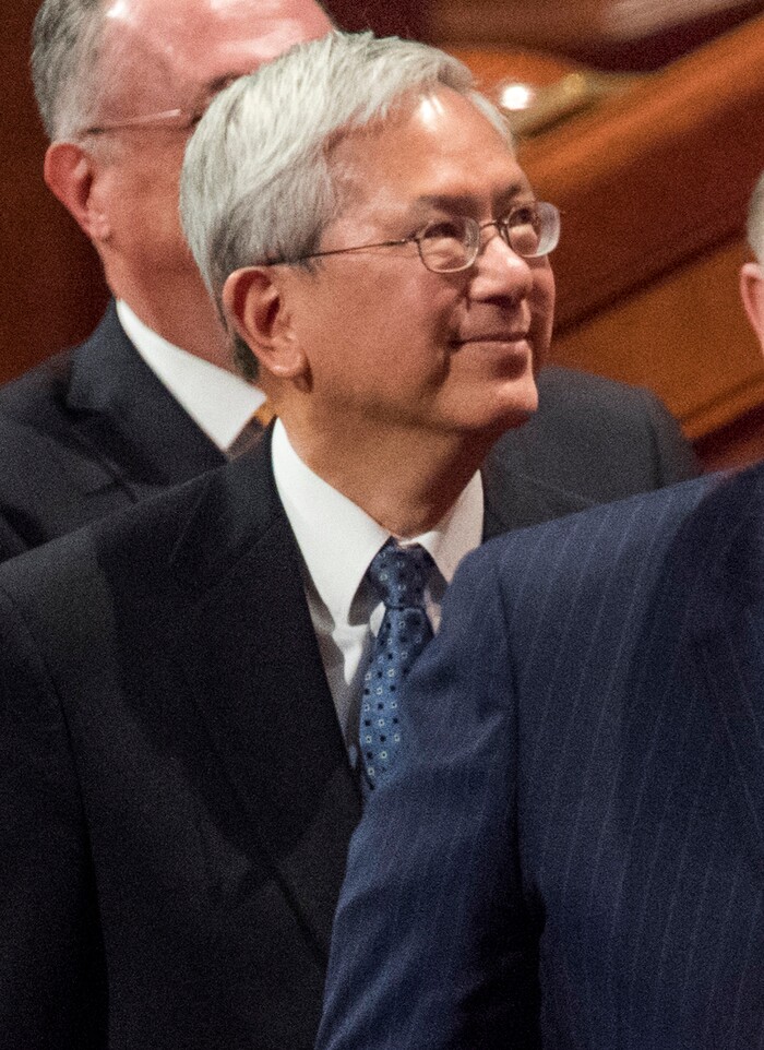 (Rick Egan  |  The Salt Lake Tribune)          Newly called Apostle, Elder Gerrit W. Gong smiles as he leaves the stand, after the Saturday morning session of the188th Annual General Conference in Salt Lake City,  Saturday, March 31, 2018.
