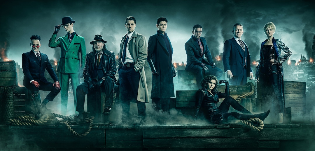 (Photo courtesy Justin Stephens/Fox) Robin Lord Taylor as Oswald Cobblepot / Penguin, Cory Michael Smith as Edward Nygma / The Riddler, Donal Logue as Detective Harvey Bullock, Ben McKenzie as Detective James Gordon, David Mazouz as Bruce Wayne, Chris Chalk as Lucius Fox, Camren Bicondova as Selina Kyle/future Catwoman, Sean Pertwee as Alfred Pennyworth and Erin Richards as Barbara Kean in “Gotham.”
