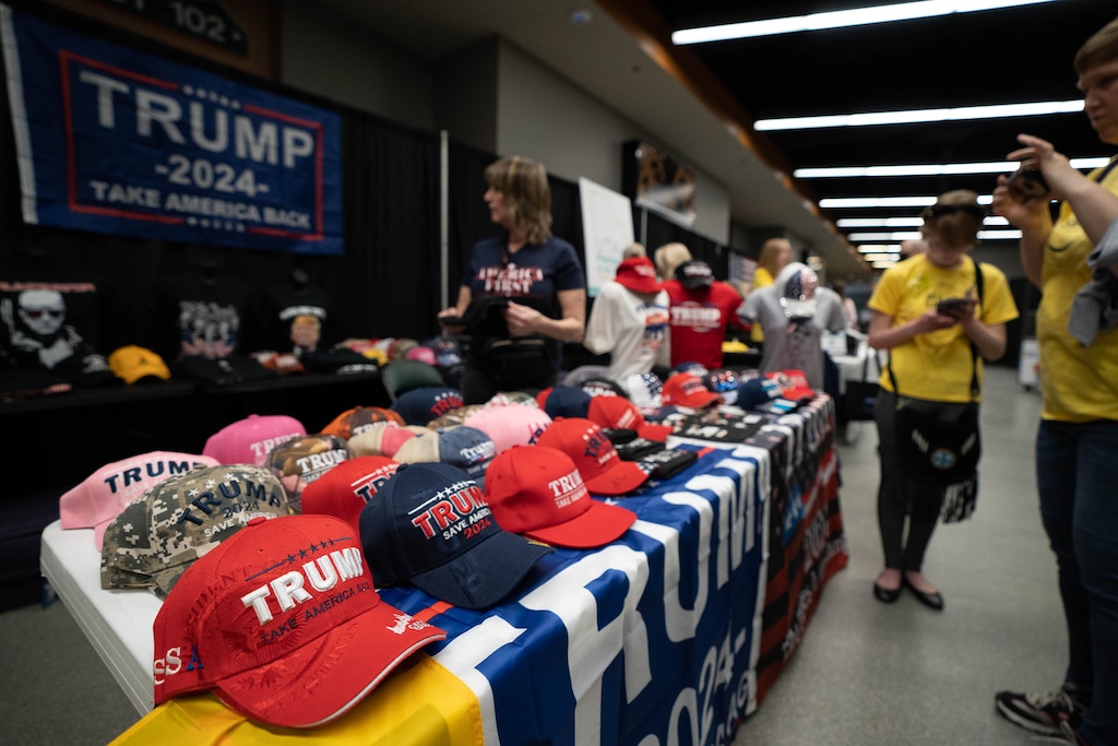 (Francisco Kjolseth | The Salt Lake Tribune) Trump memorabilia is sold during the Utah Republican Party’s 2021 Organizing Convention at the Maverik Center in West Valley City on Saturday, May 1, 2021.