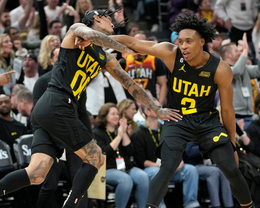 (Leah Hogsten | The Salt Lake Tribune)  Utah Jazz guard Jordan Clarkson (00) and Utah Jazz guard Collin Sexton (2) celebrate Clarkson's 3-pointer as the Utah Jazz host the Dallas Mavericks, Jan. 28, 2023 at Vivint Arena. 