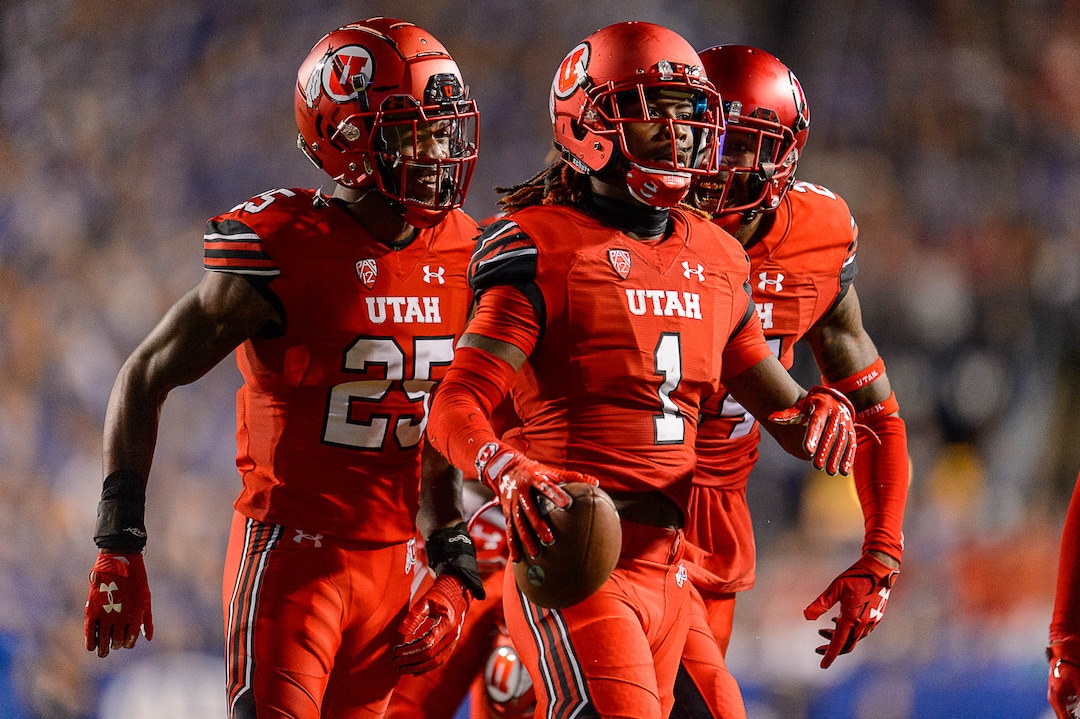 (Trent Nelson | The Salt Lake Tribune)  Utah Utes defensive back Boobie Hobbs (1) celebrates an interception as BYU hosts Utah, NCAA football in Provo, Saturday September 9, 2017.