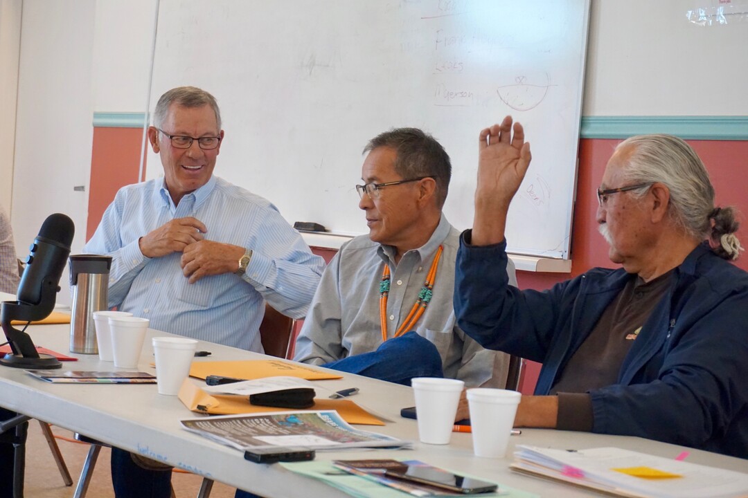 (Zak Podmore  |  The Salt Lake Tribune) San Juan County Commissioners Bruce Adams (left), Kenneth Maryboy, and Willie Grayeyes preside over the commission meeting in Oljato-Monument Valley, Utah, on Tuesday, July 2, 2019.                               
