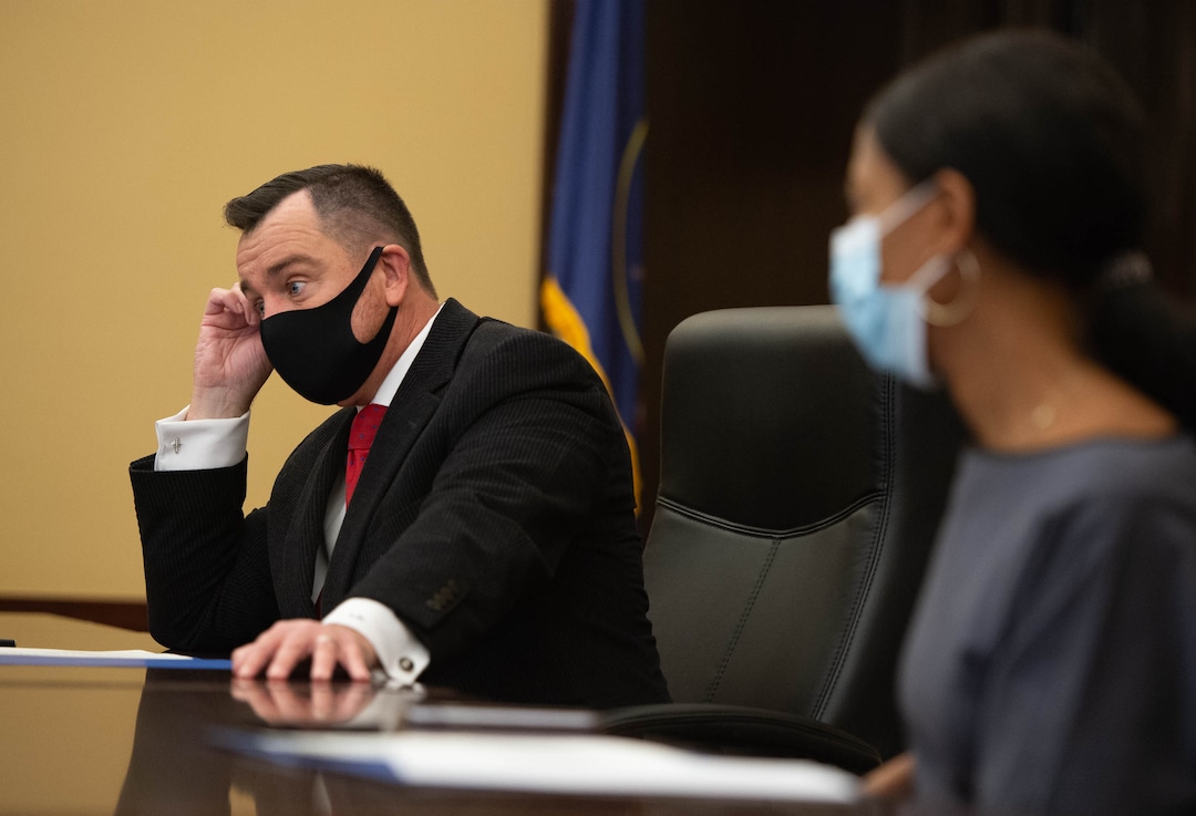 (Francisco Kjolseth  | The Salt Lake Tribune) Utah’s six Republican presidential electors cast their vote for current President Donald Trump at the Utah State Capitol, Monday, Dec. 14, 2020, including former Utah House Speaker Greg Hughes, left, and former Congresswoman Mia Love, filling as an alternate for Utah Attorney General Sean Reyes who was in quarantine due to the coronavirus.