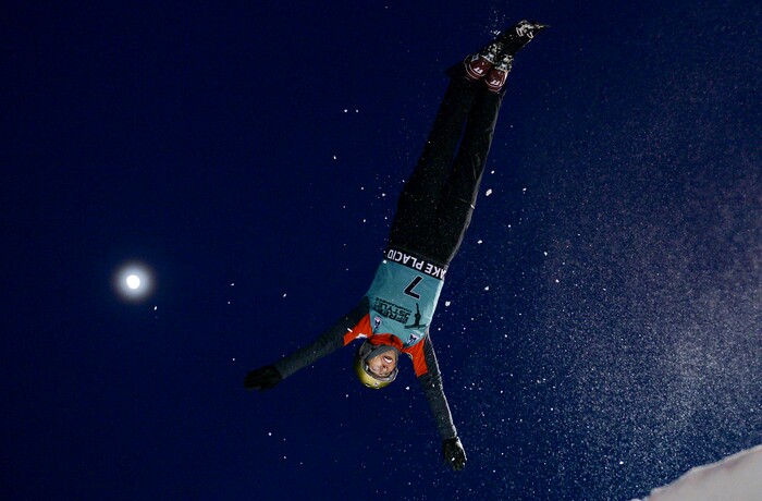 (Leah Hogsten  |  The Salt Lake Tribune) U.S. Freestyle Ski Team member Winter Vinecki performs her aerial routine during practice Jan. 7, 2020 at the Utah Olympic Park.
