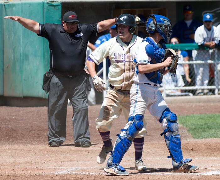 (Rick Egan  |  The Salt Lake Tribune)   Riverton's Nate Hamblin reacts after scoring a run for the Silverwolves, in 6A state baseball championship action between Riverton and Bingham, at UVU in Orem, Friday, May 25, 2018.