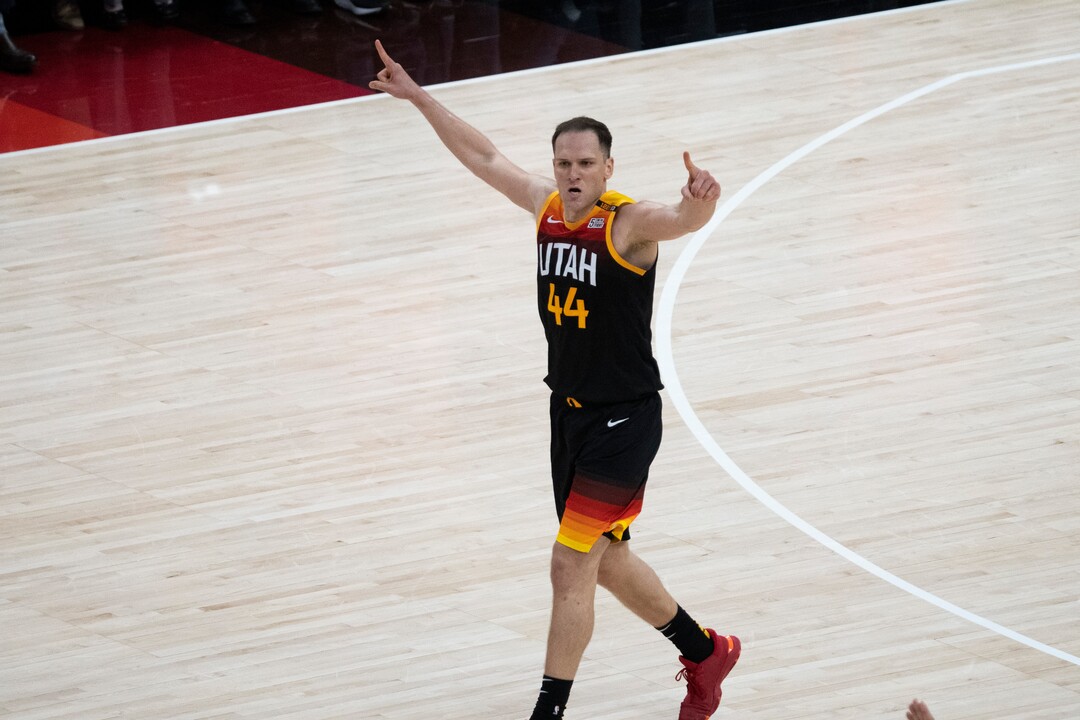 (Rick Egan | The Salt Lake Tribune) Utah Jazz forward Bojan Bogdanovic (44) reacts after sining a 3-pointer to but the Jazz up by 10 points late in the 4th quarter, in NBA action between the Utah Jazz and the LA Clippers, in game one in the second round of the NBA playoff series at Vivint Arena, on Tuesday, June 8, 2021.