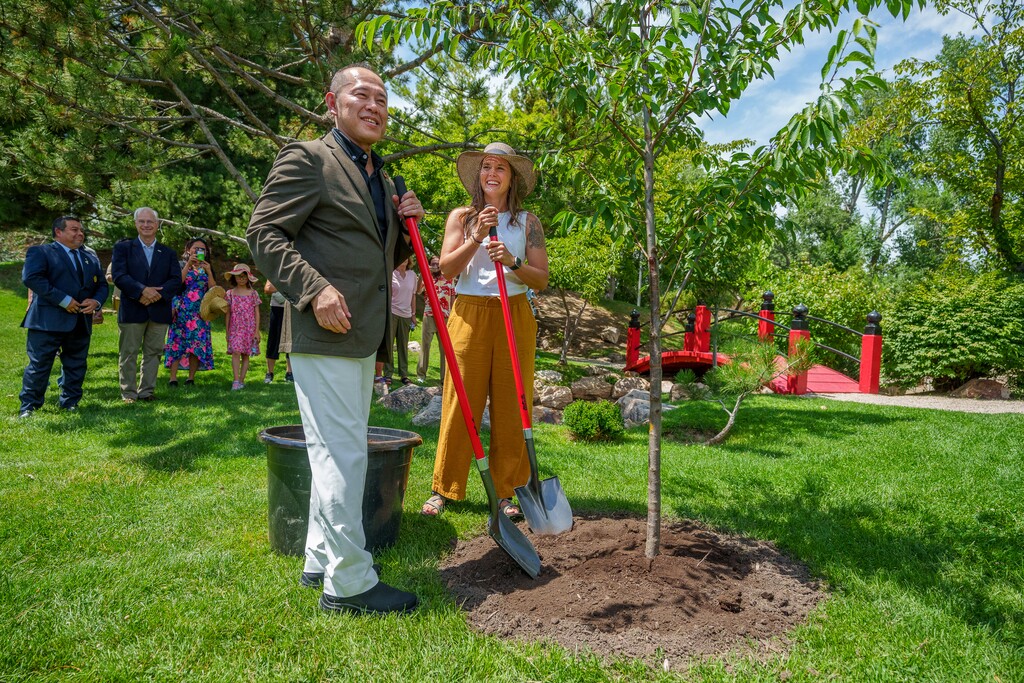 (Trent Nelson  |  The Salt Lake Tribune) Salt Lake City Mayor Erin Mendenhall and Matsumoto, Japan Mayor Yoshinao Gaun shovel dirt onto a newly-planted cherry tree at the International Peace Gardens in Salt Lake City on Monday, July 24, 2023.
