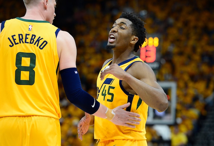 (Scott Sommerdorf | The Salt Lake Tribune)
Utah Jazz guard Donovan Mitchell (45) reacts after getting into a second half altercation with a Rockets player. The Rockets beat the Jazz 100-87, Sunday, May 6, 2018.