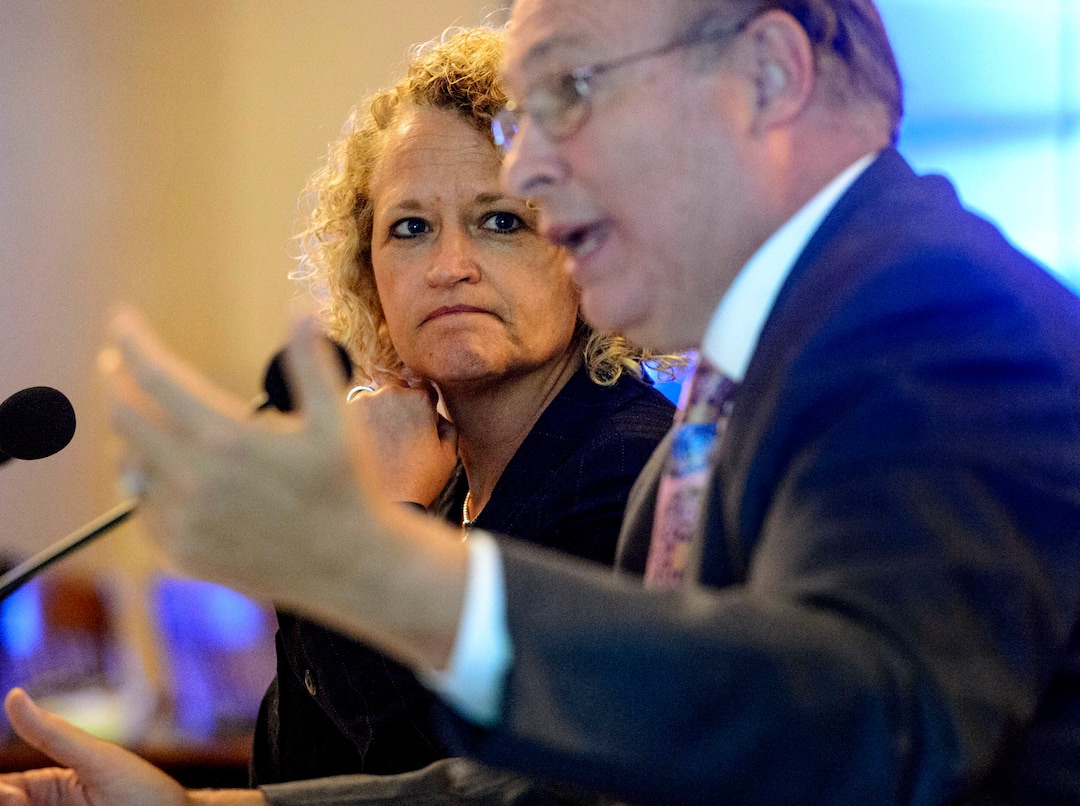 Steve Griffin  |  The Salt Lake TribuneMayor Jackie Biskupski listens to Sen. Jim Dabakis, D-Salt Lake City, as he talks with members of the Salt Lake City Council as they try to decide whether or not to approve her nomination of Dabakis to the Utah Transit Authority's board during the council's work session at the Salt Lake City and County Building in Salt Lake City Tuesday June 13, 2017.