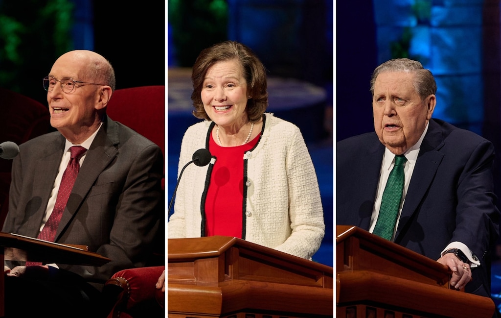 (The Church of Jesus Christ of Latter-day Saints) From left: Henry B. Eyring, first counselor in the First Presidency; Primary General President Susan H. Porter; and Quorum of the Twelve Apostles President Jeffrey R. Holland speak during the First Presidency Christmas Devotional.