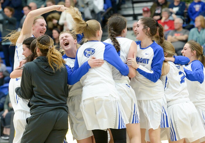 (Leah Hogsten  |  The Salt Lake Tribune) Fremont celebrates the overtime win.  Fremont defeated Westlake 54-50 in their semifinal game of the 6A High School Girls' Basketball Tournament at SLCC in Taylorsville, Friday, Feb. 23, 2018. 