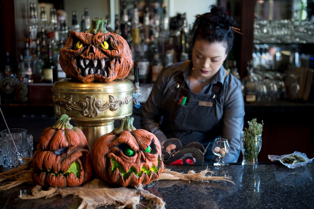 (Jeremy Harmon  |  The Salt Lake Tribune) Bartender Erica Taylor works at the Vault Bar at Hotel Monaco on Tuesday, Oct. 15, 2019. The downtown Salt Lake City bar has partnered with Nightmare on 13th haunted house to create a Halloween themed experience for bar patrons.