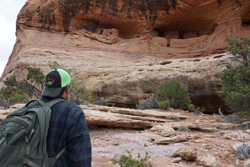 (Zak Podmore | The Salt Lake Tribune) Louis Williams, a Diné guide who runs Ancient Wayves River and Hiking Adventures in San Juan County, looks up at an inaccessible ancestral Puebloan cliff dwelling in Bears Ears National Monument on April 16, 2021.