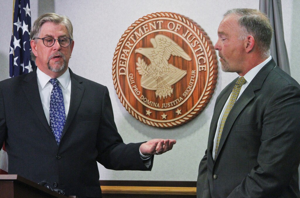 (Mark Thiessen | AP Photo) Bryan Schroder, the acting U.S. Attorney for Alaska, left, and Marlin Ritzman, the special agent in charge of the FBI office in Alaska, address reporters Thursday, July 27, 2017, in Anchorage, Alaska, after a Utah man was arrested on a criminal complaint charging him with murder in the death of his wife on an Alaska cruise. Kenneth Manzanares of Santa Clara, Utah, is charged in the July 25, 2017, death of his wife on board the Emerald Princess. The shape was sailing in U.S. waters, meaning the FBI investigated and charges are in the federal system.