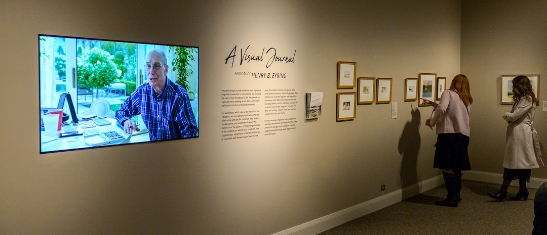 Leah Hogsten  |  The Salt Lake Tribune  An exhibit placard reads, "Full of reminiscences, memories, images and feelings, this exhibition hopes to communicate President Eyring's deep love and tender nostalgia for his family, his friends, and the important places that encompass their shared memories, and to encourage viewers to find, communicate, remember and share their own most powerful experiences of love, as well." A portion of Henry Eyring's extensive watercolor collection is on display now through January 21, 2019 at the Church History Museum. The collection, titled: “A Visual Journal: The Artwork of Henry B. Eyring,” reveals Eyring's memories with family, friends and trips. Eyring is second counselor in the First Presidency of The Church of Jesus Christ of Latter-day Saints.  