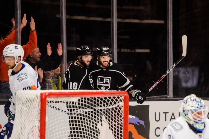 (Trent Nelson  |  The Salt Lake Tribune)  Los Angeles Kings center Michael Amadio (10) and Los Angeles Kings right wing Martin Frk (29) celebrate a goal as the Los Angeles Kings face the Vancouver Canucks, NHL hocket in Salt Lake City on Saturday Sept. 21, 2019.