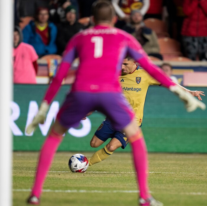 (Rick Egan | The Salt Lake Tribune) Real Salt Lake forward Jefferson Savarino (10) sets up a kick as Austin FC goalkeeper Brad Stuver (1) defends, in MLS action between Real Salt Lake and Austin FC, in Sandy, on Saturday, March 11, 2023.