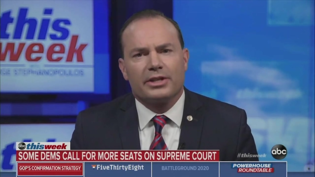 (Image taken from video)  Sen. Mike Lee discusses Judge Amy Coney Barrett's nomination to the Supreme Court on ABC's "This Week with George Stephanopolous" on Sunday, Sept. 27, 2020.
