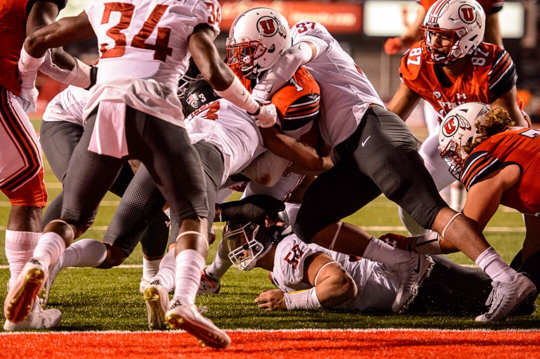 (Trent Nelson | The Salt Lake Tribune)  Utah Utes quarterback Tyler Huntley (1) runs and is stopped at the goal line as the University of Utah hosts Washington State, NCAA football in Salt Lake City, Saturday November 11, 2017.