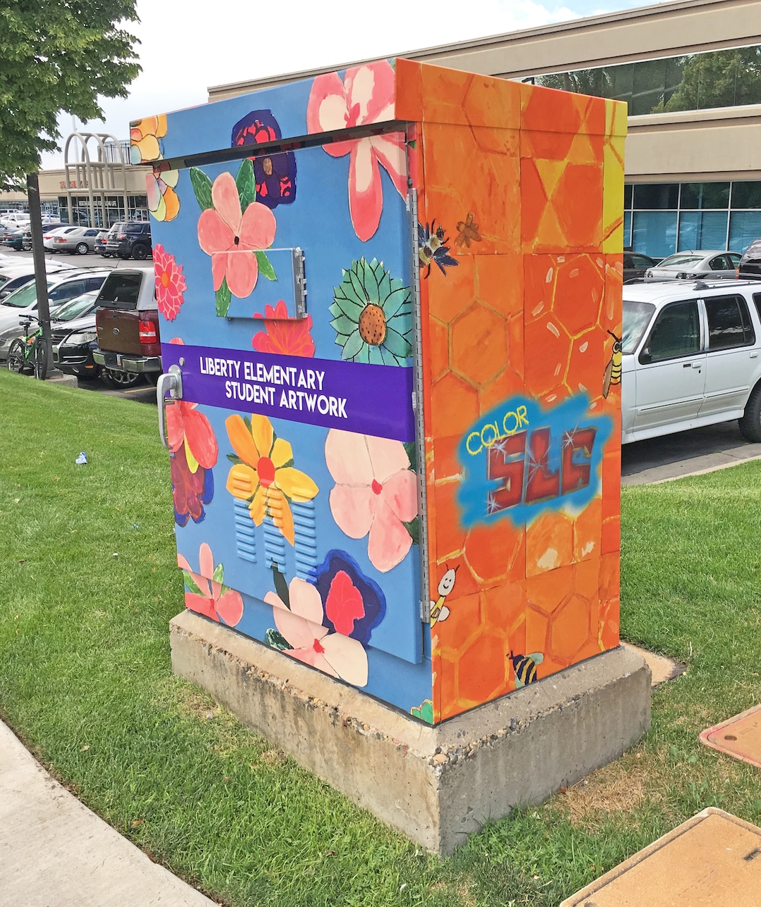 (Photo courtesy Salt Lake City Mayor's Office) A utility box near Liberty Elementary School in Salt Lake City, decorated with artwork by the school's students, as part of the city's ColorSLC program.