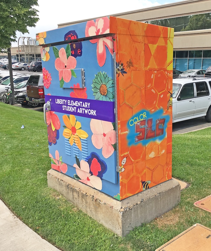(Photo courtesy Salt Lake City Mayor's Office) A utility box near Liberty Elementary School in Salt Lake City, decorated with artwork by the school's students, as part of the city's ColorSLC program.