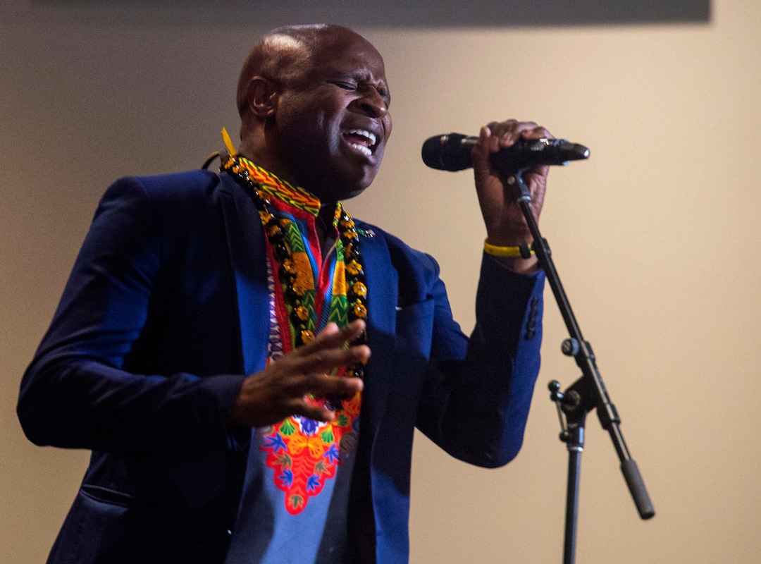 (Rick Egan  |  The Salt Lake Tribune)     Singer Alex Boye performs during a presentation as Roots of Humanity Foundation unveils the first three of its "7 Pillars" windows, created by artist Tom Holdman, at the 100 Club room at the Vivint Smart Home Arena, Sunday, Aug. 25, 2019.